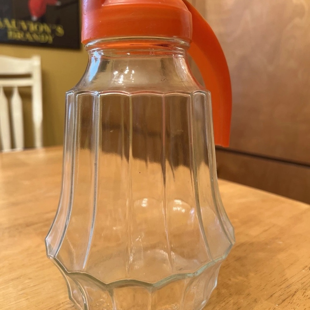 Vintage Federal Tool Corp Ribbed Glass Syrup Pitcher Red Top  9 "